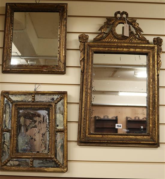 A 19th century Continental gilt pier glass Mirror and two other small mirrors, H.73cm